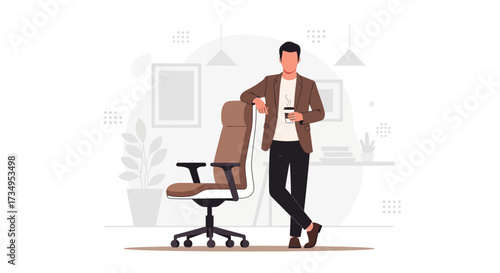 Business professional standing casually next to his office chair with coffe