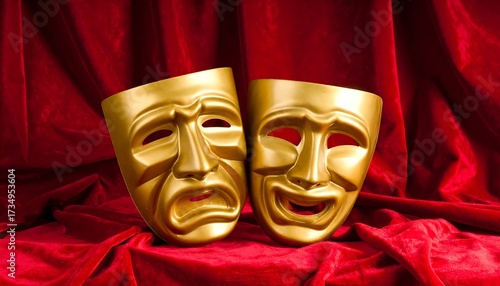 Two golden theatrical masks on red velvet