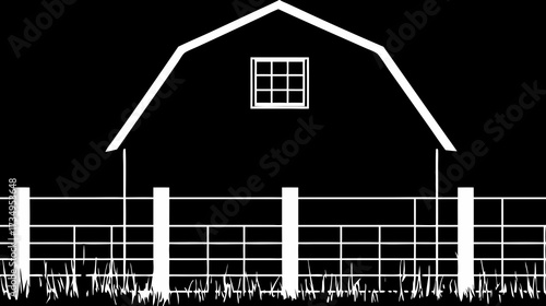 Minimalist barn house outline silhouette with rustic fence and grass, rural agriculture farm building vector illustration