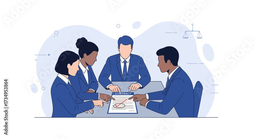 Business Professionals Collaborating On Contract Negotiation in Modern Illustrated Style