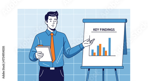 Business presentation illustration of a man showing key findings on a board