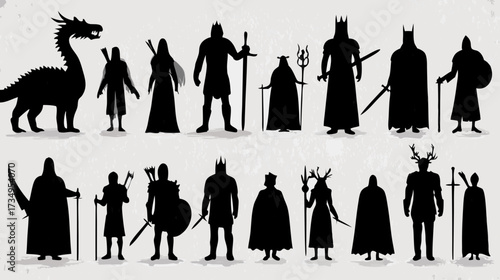 Fantasy Medieval RPG Character Silhouettes Set. Includes Warriors, Kings, Knights, Mages, Archers, Queens, and a Dragon.