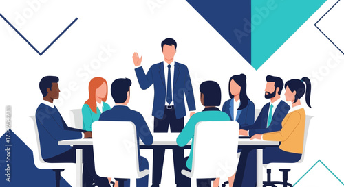 Business presentation or meeting with a team and a leader in a modern company vector illustration