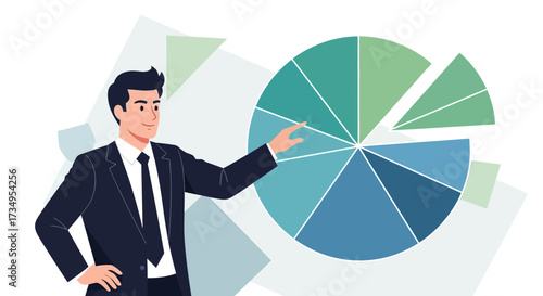Business presentation showing a businessman explaining a pie chart and data analysis