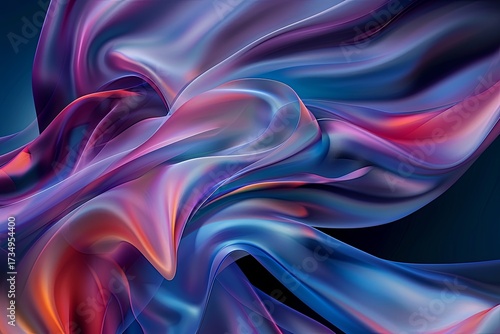 Abstract digital art features flowing fabric with smooth curves and iridescent colors. Ethereal lighting enhances the dynamic and elegant feel against a dark background.
