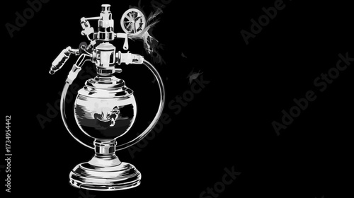 Elegant vintage scientific apparatus with steam and pressure gauge, retro chemistry laboratory equipment in black and white