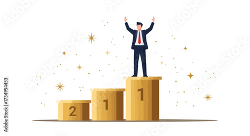 Business Success Victory Graphic with Podium and Celebratory Man at the Top