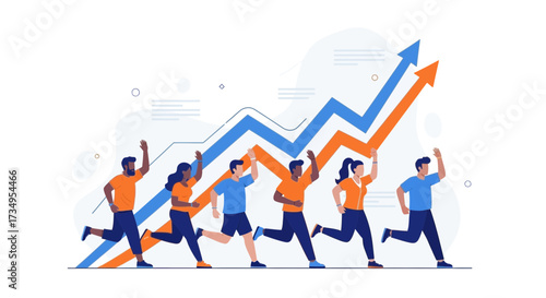Business team achieving financial growth and success by running towards goal