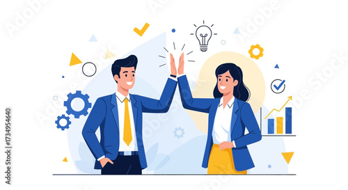 Business team celebrating success with high five and idea generation in an illustration