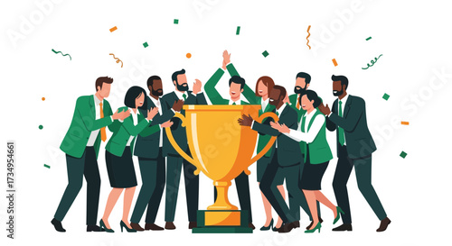 Business Team Celebration: Raising Hands and Sharing Success with a Giant Trophy