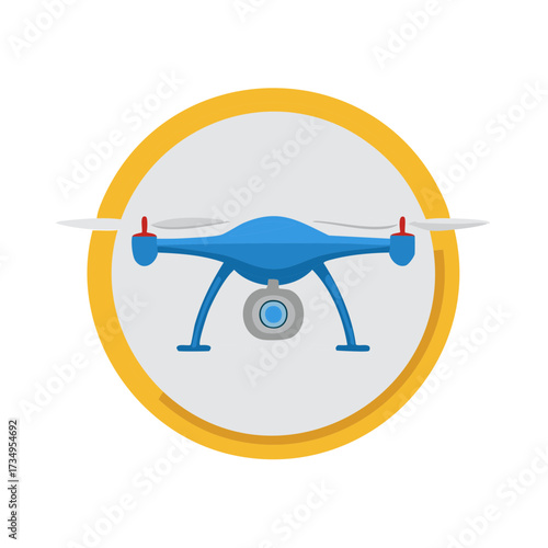 Blue quadcopter drone with camera in a circular icon illustration