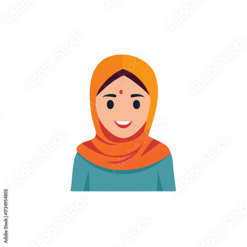 Cheerful female character wearing a vibrant orange headscarf and bindi smiling brightly