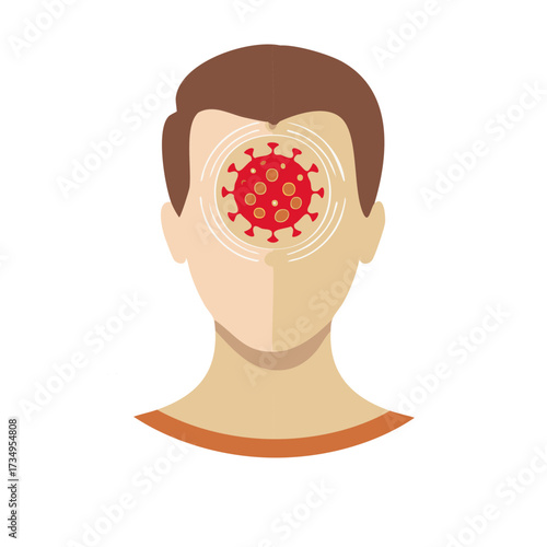 Illustration of a coronavirus particle visualized within a human head outline symbolizing illness and contagion.