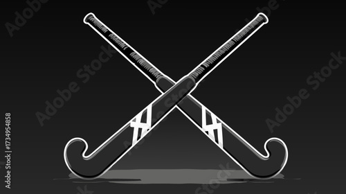 Crossed Field Hockey Sticks Graphic Emblem. Monochromatic Sports Equipment Illustration on Dark Background. Athletic Gear Design.
