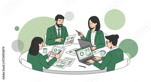 Business team discussing environmental sustainability in a meeting room with graphs and reports