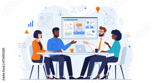 Business team meeting discussing a project plan or workflow in a creative office