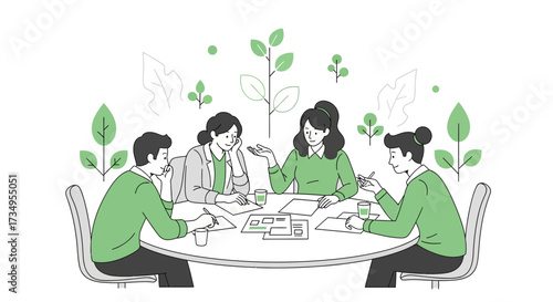 Business team meeting discussing sustainable development and green initiatives together