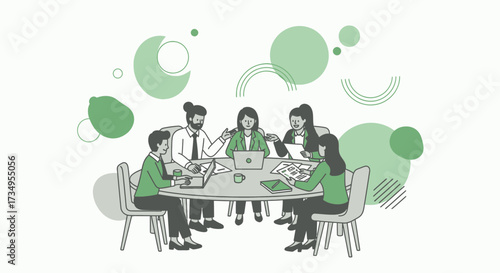 Business team meeting around a table discussing a project with laptops and papers