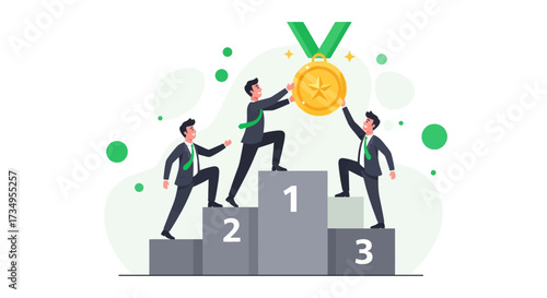Business Team Triumph Achieving First Place And Celebrating Victory With Golden Medal