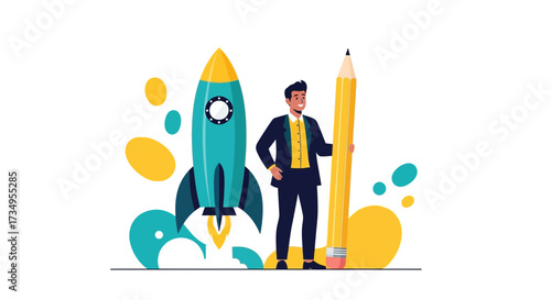 Business Visionary Stands Beside Rocket and Giant Pencil To Illustrate Concept