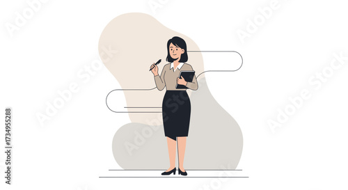 Business woman holding a pen and notepad, ready to take notes or give a presentation