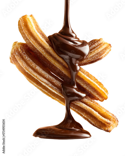 Delicious golden churros dusted with sugar, generously drizzled with rich, decadent dark chocolate sauce, creating an irresistible sweet treat perfect for indulgence.