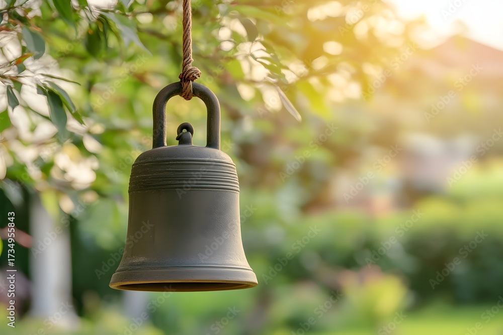 Obraz premium Bell in the Wind wind gently moving a large hanging bell with close up shot soft daylight garden background