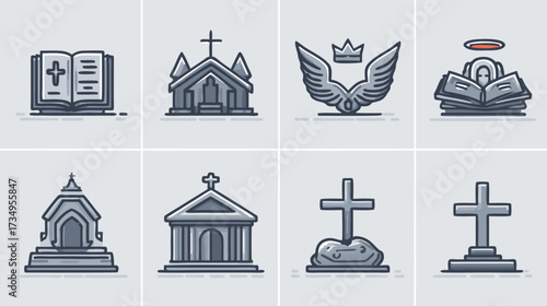 Christian religion and funeral service vector icons set. Collection of church, bible, cross, gravestone, and remembrance symbols.