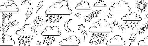Weather Doodle Pattern Black and White Clouds, Rain, Lightning, Stars, and Celestial Elements