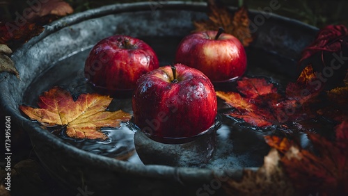 Ripe red apples and colorful autumn leaves float in the cool water of a rustic, weathered metal basin.