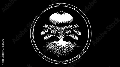 Detailed alchemical botanical illustration with roots, leaves, and a textured seed pod in a circular Ouroboros-like frame, symbolizing growth and unity on black.