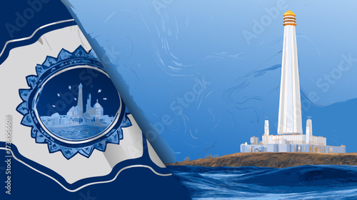 Illustrative conceptual background featuring a stylized Middle Eastern cityscape within an ornate blue emblem and a tall white coastal monument by the ocean