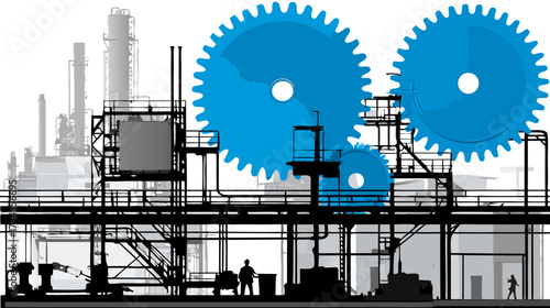 Abstract industrial infrastructure background with factory silhouette, intricate machinery, vibrant blue gears, pipelines, and human figures.