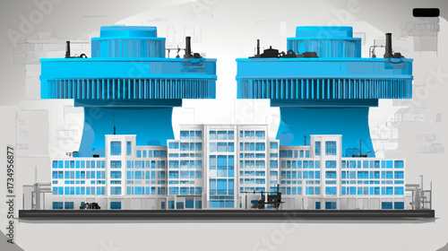 Modern nuclear power plant illustration with blue cooling towers and industrial buildings, representing energy generation, innovation, and sustainable technology.