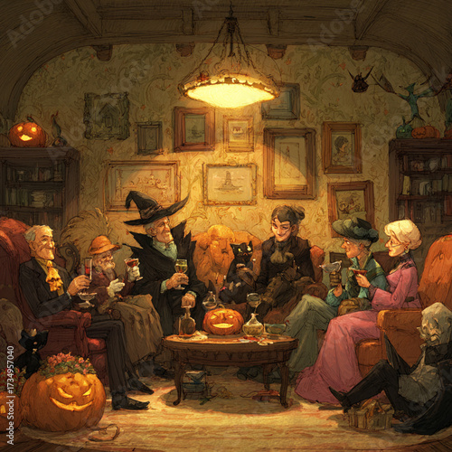 Halloween Family Gathering with Friends in Costumes, Generative AI
