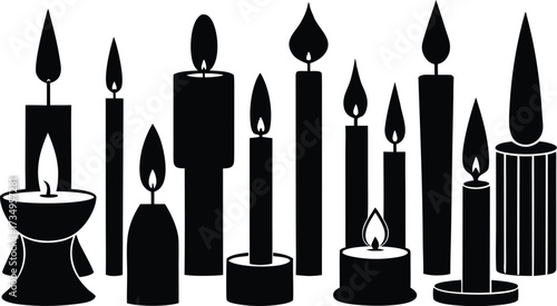 Vector art of collection of various black candles with flames