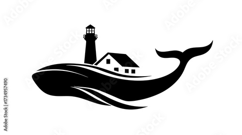 Whale carrying a coastal house and lighthouse on its back - symbolic marine silhouette design, ocean navigation concept vector icon