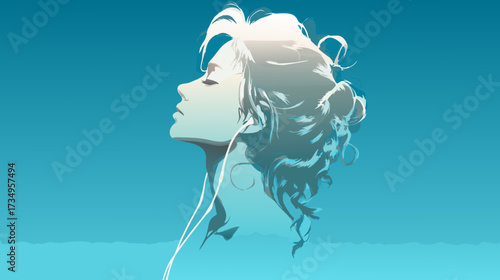 Abstract illustration of a peaceful woman's profile in soft blue light, evoking serenity, contemplation, and beauty.