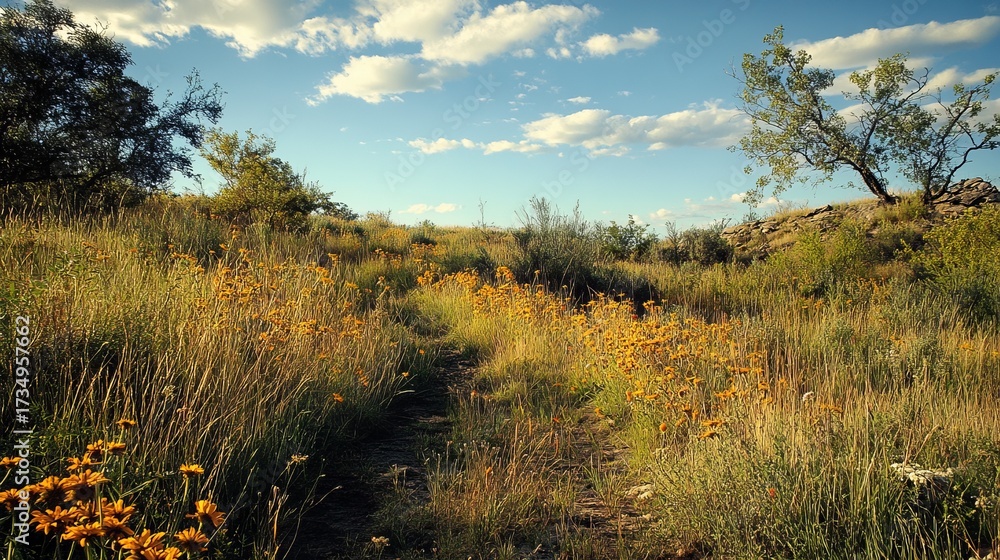 Obraz premium Sunny meadow path, wildflowers