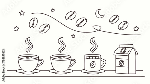 Vector art of line art illustration of steaming coffee cups and beans