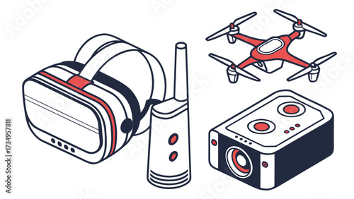 Vector art of collection of modern gadgets including vr headset, drone, and camera