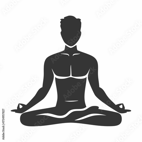 A serene, minimalist, black silhouette of a meditating man in lotus position with hands in mudra gesture, embodying relaxation, mindfulness, and spiritual growth on a plain white background