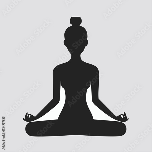Black silhouette of a woman in a meditative yoga pose, minimalist style, sitting in lotus position on a plain background, embodying relaxation, serenity, and mindfulness.
