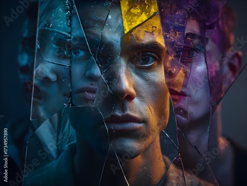 Multi-faceted portrait of a young man with shattered mirror reflections
