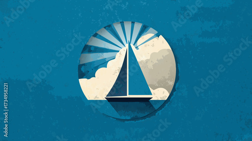 Stylized sailboat navigating serene blue waters under a sunny sky with clouds. Nautical travel, adventure, and vacation illustration.