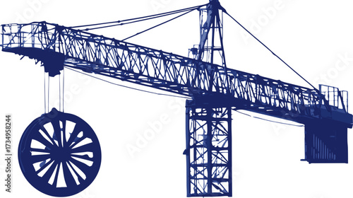 Blue silhouette of a tower crane lifting a large turbine rotor, representing industrial construction, renewable energy, and sustainable power.