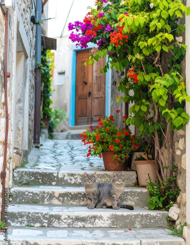 Fototapeta Naklejka Na Ścianę i Meble -  Two gray cats sit on a stone stairway in a charming, flower-filled alleyway