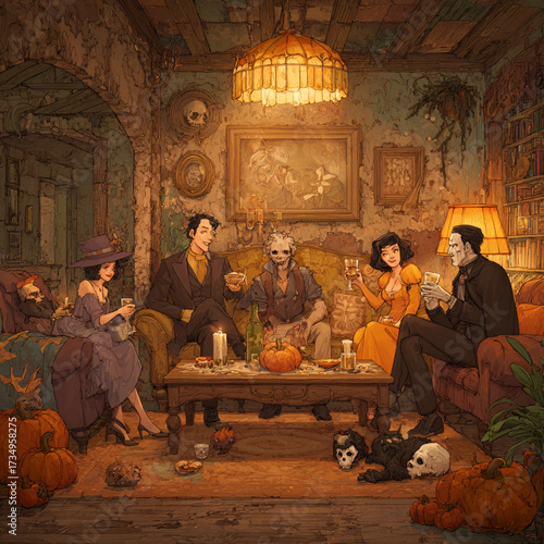 Halloween Family Gathering with Friends in Costumes, Generative AI
