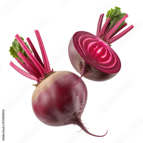 flying red beetroot and half slices isolated on transparent white background, clipping path