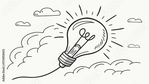 Vector art of drawn light bulb with radiating lines in clouds